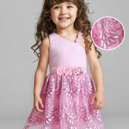 Babyhug Woven Sleeveless Party Wear Fit & Flare Dress with Sequinned Floral Embellishments- Light Pink-image-78