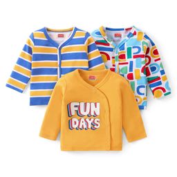 Babyhug Interlock Knit Full Sleeves Front Open Vests With Stripes & Text Print Pack of 3 - Blue & Yellow-image-45