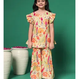 READIPRINT Frill Sleeves Lace Embellished & Floral Printed Coordinating Kurta With Sharara - Mustard-picture-31