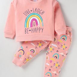 Smarty Girls Cotton Knit Full Sleeves T-Shirt & Lounge Pants Set With Text & Rainbow Print - Baby Pink-15
