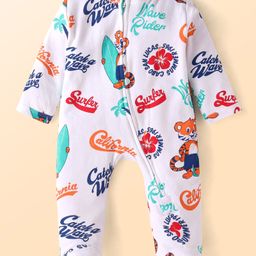 Babyhug Cotton Knit Full Sleeves Footed Sleep Suit With Text Print - White-image-56