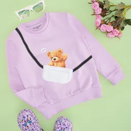 Pantaloons Junior Full Sleeves Teddy Bear Printed Sweatshirt With Attached Bag - Lilac-picture-3