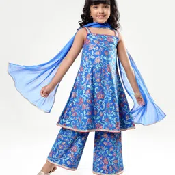 EARTHY TOUCH Single Jersey Knit Sleeveless Kurti Salwar Set With Floral Print & Dupatta - Blue-picture-15