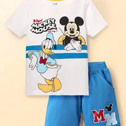 Babyhug Disney Single Jersey Knit Half Sleeves T-Shirt & Shorts Set With Mickey Mouse & Family Graphics - White & Blue-picture-0