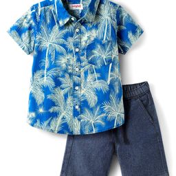 Babyhug Cotton Woven Half Sleeves Shirt & Denim Shorts Set With Tree Print - Blue-image-105