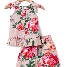 CrayonFlakes Rayon Sleeveless Floral Printed Top & Coordinating Shorts Set - Peach-image-64