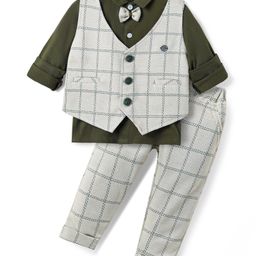 Mini Taurus Interlock Knit Full Sleeves 3 Piece Party Suit with Bow Detailing & Checks - Dark Green-image-63
