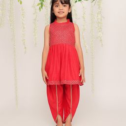 KID1 Silk Blend Sleeveless Threadwork Embroidered Sequins Embellished Dhoti Kurta Set - Red-image-26