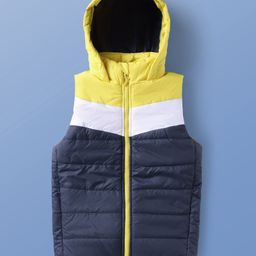 Pine Kids Woven Sleeveless Padded Hooded Jacket With Color Block Design - Navy Blue & Yellow-image-87