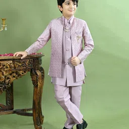 BT DEZINES Silk Blend Woven Full Sleeves Solid Sherwani & Pant With Ethnic Embroidered Jacket & Necklace Set - Lilac-picture-8