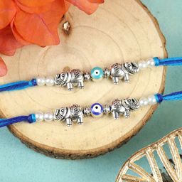 Asthetika Set Of 2 Elephant Charm Evil Eye Rakhis With Roli Chawal - Blue-image-37
