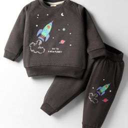 Zero Fleece Knit Full Sleeves Winter Wear Sweatshirt & Lounge Pant Set with Space Theme Print - Grey-picture-29