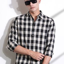 Thomas Scott Men Classic Slim Fit Spread Collar Windowpane Checked Cotton Casual Shirt-image-87