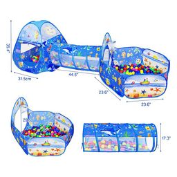 BabyGo 3-in-1 Pop Up Play Tent House with Tunnel & Ball Pool for Kids -Ocean Blue image 3