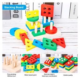 WISHKEY Wooden Geometric Shape Puzzle Activity for Kids, Shape Sorting, Stacking & Plugging Toy for Kids, Interactive Early Learning Montessori Toys for Kids, Multicolour, 3+ Years (Pack of 1) image 3