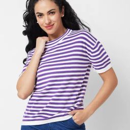 Spykar Purple & White Cotton Striped T-Shirt-image-95