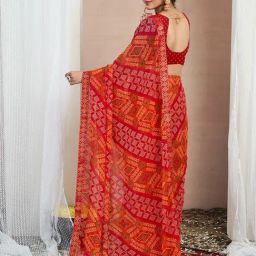 Satrani Red Chiffon Printed Saree With Unstitched Blouse image 4