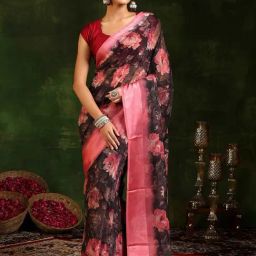Libas Black Floral Print Saree With Blouse-43