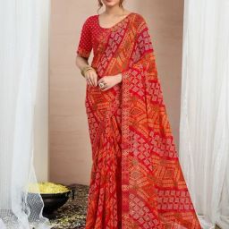Satrani Red Chiffon Printed Saree With Unstitched Blouse-image-69