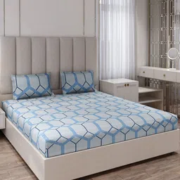 Monte Carlo Blue & White Geometric Printed 130 TC King Bedsheet Set-40