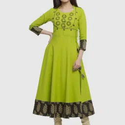 YASH GALLERY Green Cotton Embroidered Flared Kurta-image-76