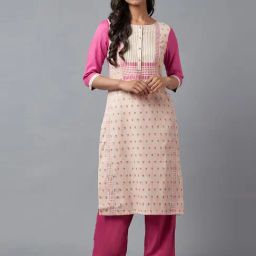 W Beige & Pink Cotton Printed Straight Kurta-image-54