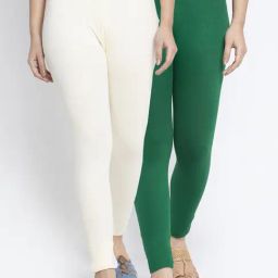 Gracit Green & Off-White Mid Rise Leggings - Pack Of 2-image-76