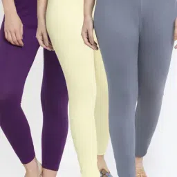 Gracit Grey & Cream Mid Rise Leggings - Pack Of 3-image-87