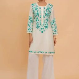 House of Kari Falak Kashmiri With Turquoise Blue Embroidery Long Kurta In Chanderi Silk-picture-0