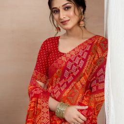 Satrani Red Chiffon Printed Saree With Unstitched Blouse image 5