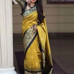SHUBHKALA Yellow Silk Woven Saree With Unstitched Blouse-image-81