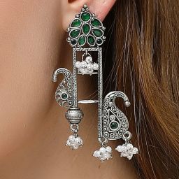 Karatcart Oxidized Silver Green Carved Stone Dangler Earrings for Women image 2