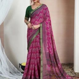 Satrani Magenta Chiffon Printed Saree With Unstitched Blouse-image-6