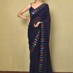 Satrani Navy Embellished Saree With Unstitched Blouse-picture-28