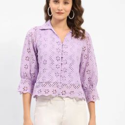 MADAME Lilac Cotton Self Design Shirt-image-100