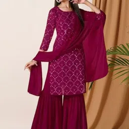 PARROT CREATION Geometric Embroidered Georgette Straight Kurta With Sharara & Dupatta-image-18