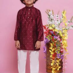 Little Bansi Boys Maroon & White Self Design Full Sleeves Kurta with Pyjamas-image-95