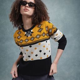 The Roadster Lifestyle Co. Colourblocked Geometric Woven Design Pullover-image-80