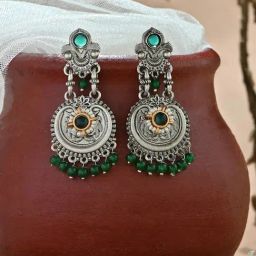 Fida Oxidised Silver Green Stone Dangler Earrings-image-72