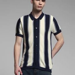 Jack & Jones Navy & White Cotton Slim Fit Striped Polo T-Shirt-image-89
