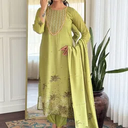 KALINI Floral Printed Embroidered Straight Kurta With Trouser & Dupatta-image-25
