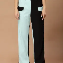 KASSUALLY Blue & Black Color-Block Regular Fit Mid Rise Trousers-image-7