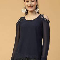 Oxolloxo Women V-Neck Cold Shoulder Lace Detail Top-image-85