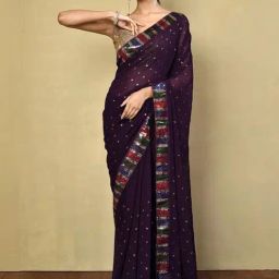 Satrani Purple Embellished Saree With Unstitched Blouse-image-34