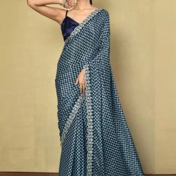Satrani Blue Printed Saree With Unstitched Blouse-image-45
