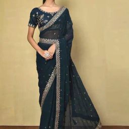 Satrani Blue Embellished Saree With Unstitched Blouse-image-35