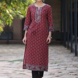 Rain and Rainbow Maroon Cotton Printed Straight Kurta-image-38