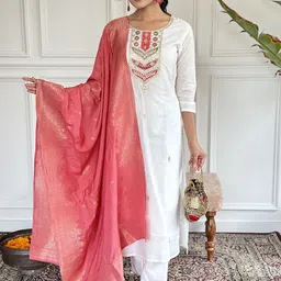 CANBIA Women Ethnic Motifs Embroidered Sequinned Round Neck Regular Straight Kurta Set-picture-13
