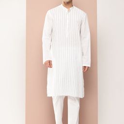 See Designs Mandarin Collar Striped Embroidered Kantha Work Pure Cotton Straight Kurta-image-55