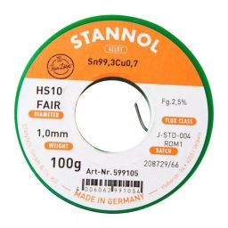 STANNOL Solder Wire, 99.3/0.7 Sn/Cu, 100G, HS10 FAIR, 1.0MM, 100G-12
